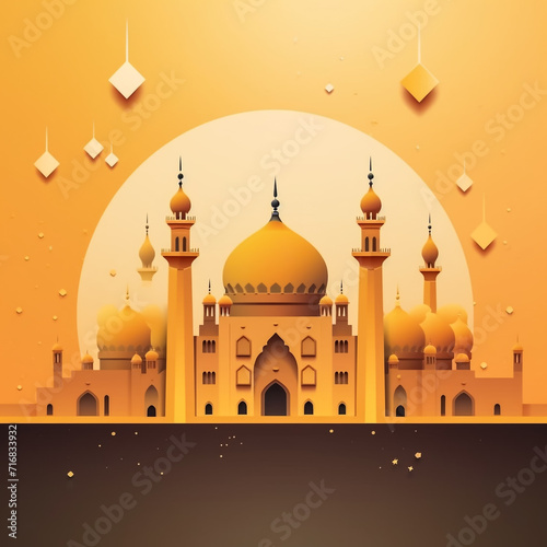 Ramadan Kareem greeting card with paper cut mosque and crescent. Vector illustration. eps photo