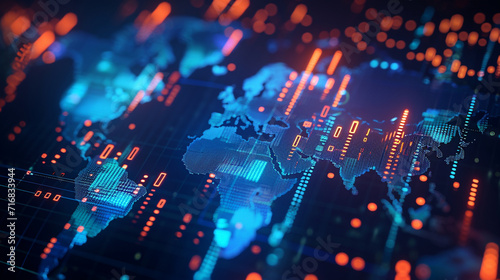 A hologram of a world map with live data charts for global markets, business, dynamic and dramatic compositions, with copy space