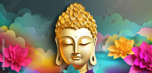 glowing golden buddha face with 3d paper cut clouds colorful flowers, nature background, colorful lotuses