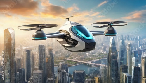 spaceship flying above the clouds, futuristic manned roto passenger drone flying in the sky over modern city for future air transportation and robotaxi concept as wide banner with copy space area