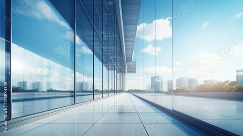 Glass wall of commercial office building on bright sunny day with perfectly tiled floor and clouds in the sky photo
