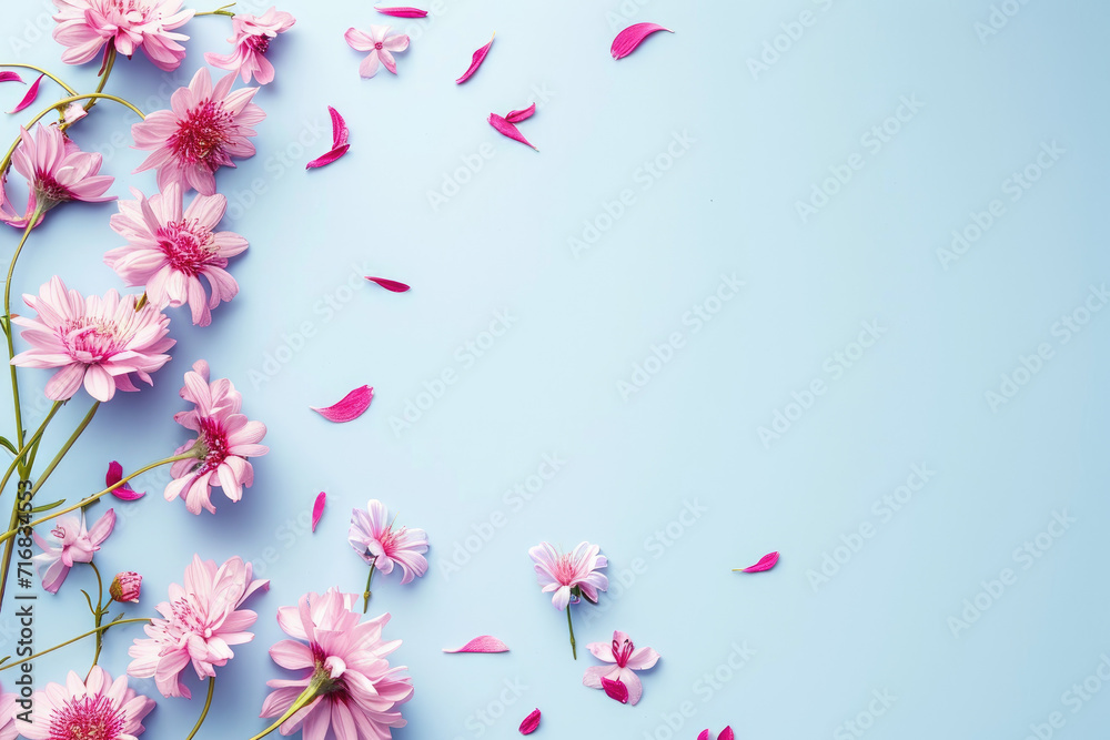 Banner with pink flowers on light blue background. Greeting card template for Wedding, mothers or womans day. Springtime composition with copy space. Flat lay style