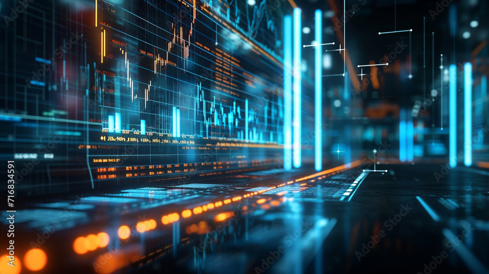 A 3D holographic display of global market indices in a trading floor environment, business, dynamic and dramatic compositions, with copy space A 3D holographic display of global market indices in a trading floor environment, business, dynamic and dramatic compositions, with copy space