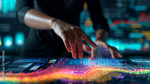 An analyst swiping through layers of a holographic demographic chart, business, dynamic and dramatic compositions, with copy space