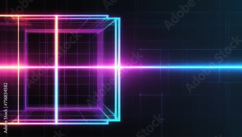 Led Light. Abstract effect. Future tech. Glare cubes. Digital cpu signal. .Shine grid. Modern big data. Neon flare. Quantum computer net system. .Magic code. Grid HUD lines. generative, ai.