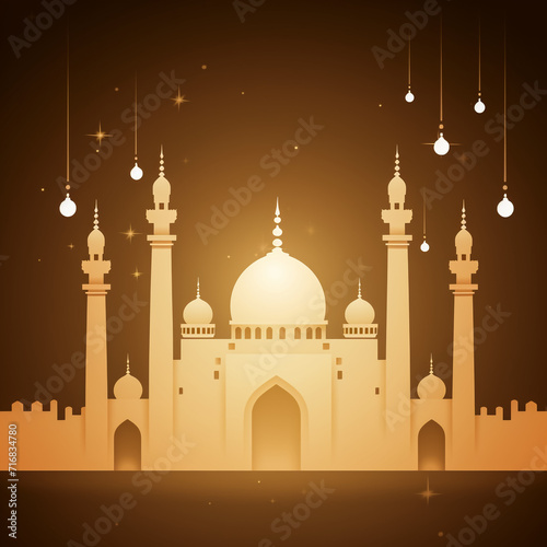 Ramadan Kareem greeting card with paper cut mosque and crescent. Vector illustration. eps