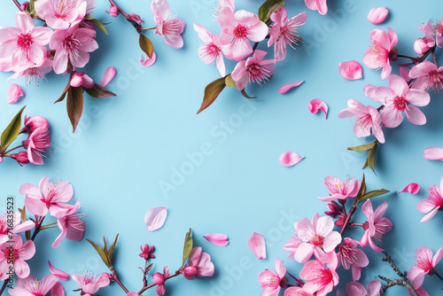 Beautiful spring pink flowers on blue pastel table top view. Floral border. Flat lay style.