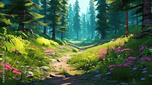 Draw a vibrant summer forest landscape with bright Ai Generative photo