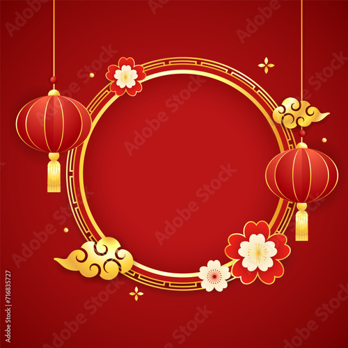 Happy Chinese new year 2024. Chinese new year banner with circle for show product. Greeting card. China frame with lantern on red background.
