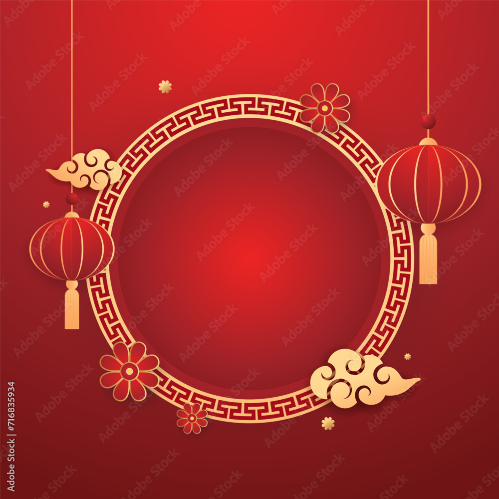 Happy Chinese new year 2024. Chinese new year banner with circle for show product. Greeting card. China frame with lantern on red background. Happy Chinese new year 2024. Chinese new year banner with circle for show product. Greeting card. China frame with lantern on red background.