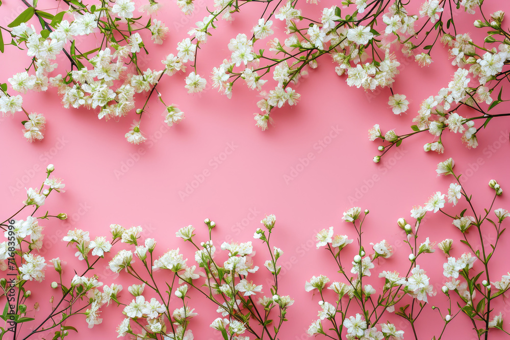 Border of delicate little white flowers on pink background from above. Space for text. Flat lay style.