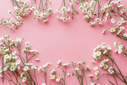Border of delicate little white flowers on pink background from above. Space for text. Flat lay style. #716836161