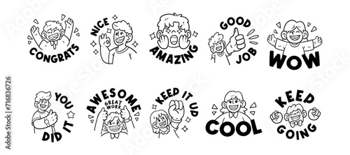 Motivation text with character outline sketch vector illustration set