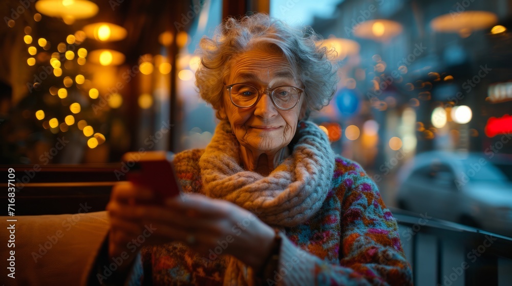 Elderly lady using smartphone in cozy cafe setting, warm ambiance, urban background. Perfect for modern aging concepts.