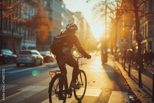 Urban cyclist at sunset. City life with eco-friendly transportation. Perfect for lifestyle and travel themes. photo