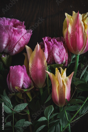 Beautiful pink tulips and peonies flat lay on dark background