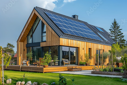 House with solar panels and a modern wooden extension  photo