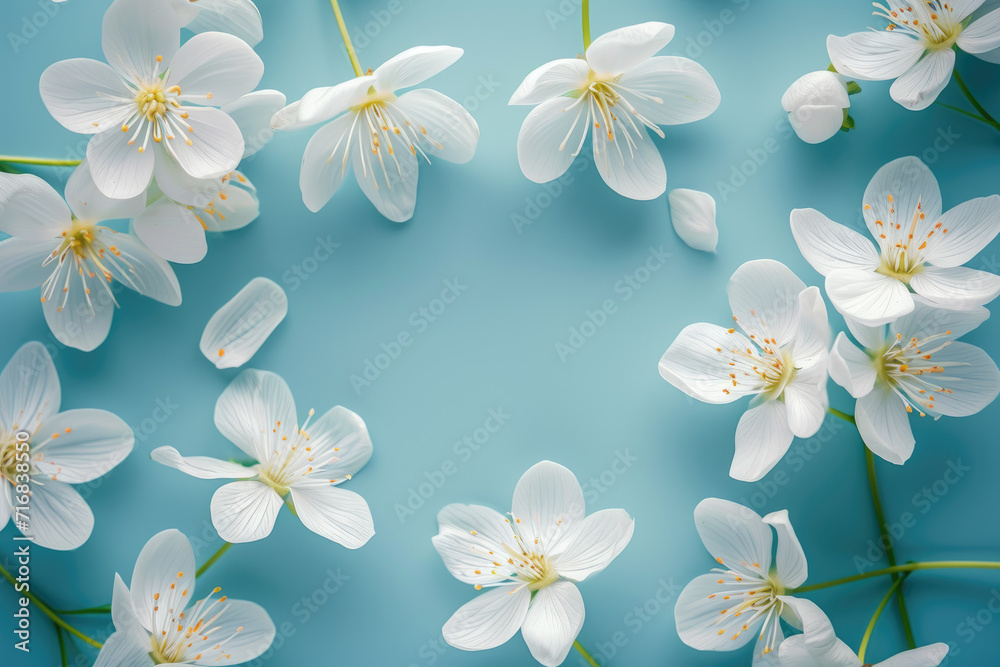 Delicate white spring forest flowers on a blue background. Spring natural flower background. Border of flowers.