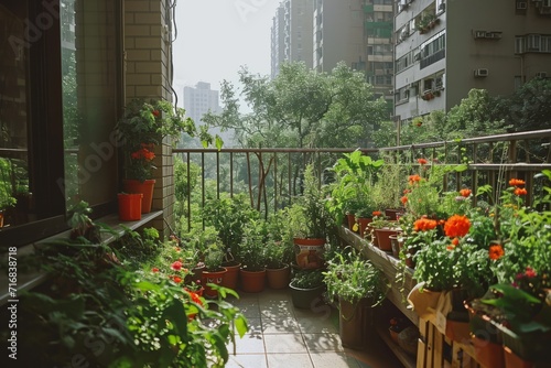 Urban balcony garden with vibrant flowers and plants, sunlight bathing in a peaceful green oasis among city buildings.