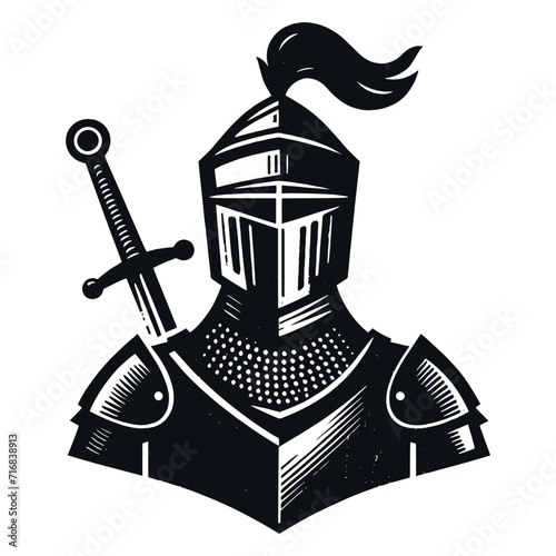 Knight in armor with a sword. Engraving black vector illustration. Icon, logo, emblem. isolated object	
