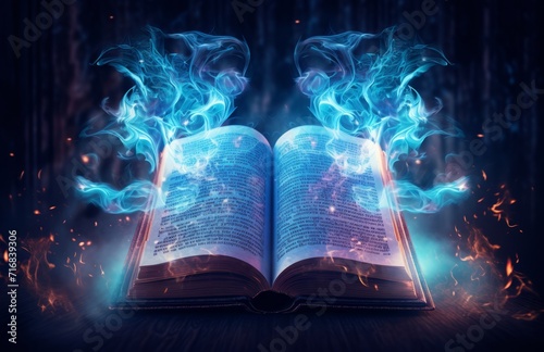 Open book with magic light and smoke on dark background.