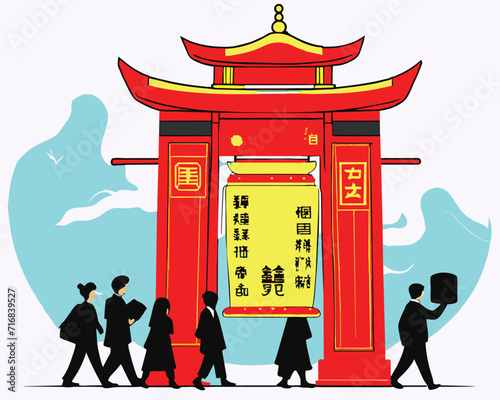 Happy China new year 2024, Red Chinese gate and people around it