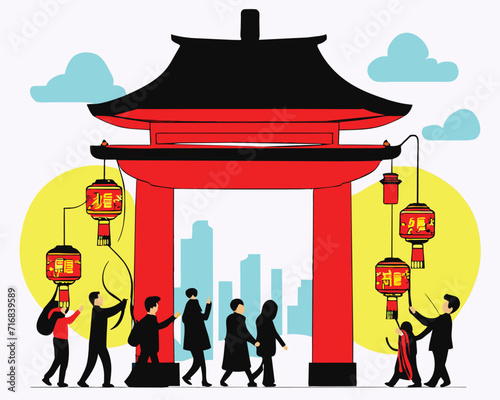 Happy China new year 2024, Red Chinese gate and people around it