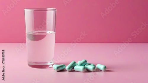 Pills and glass of water on blue background. Medicine, healthcare concept. generative, ai.