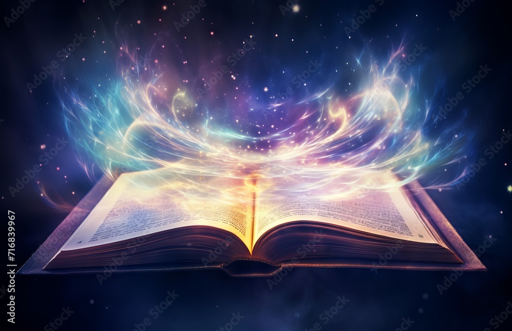 Fototapeta premium Open book with magic light and smoke on dark background.