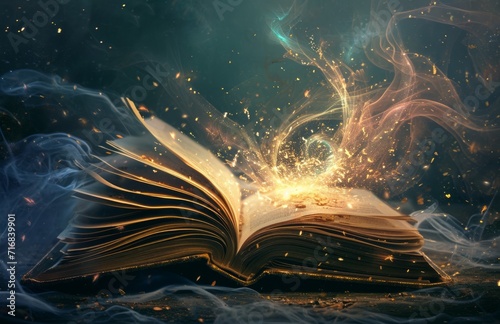 Open book with magic light and smoke on dark background.