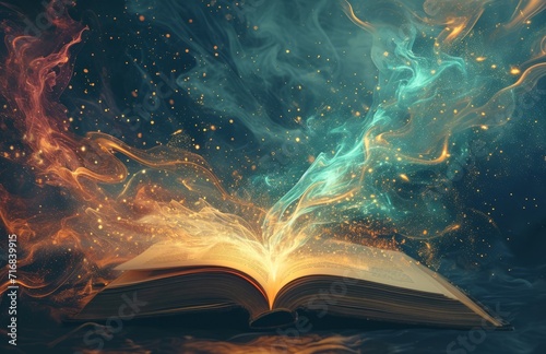 Open book with magic light and smoke on dark background.