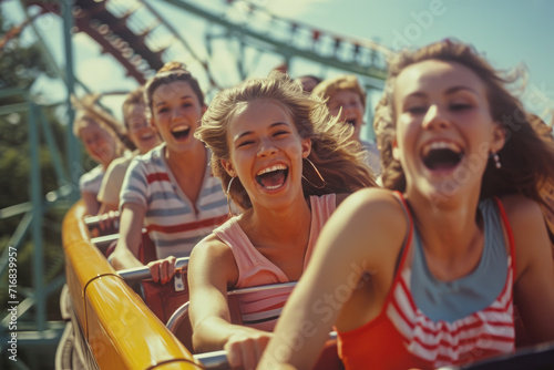 Happy young people riding a roller coaster