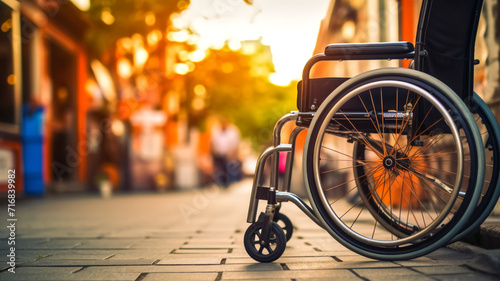 Wheelchair in the street of old city. Selective focus.