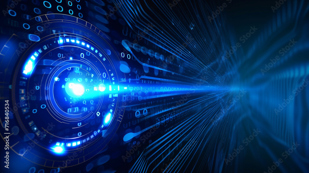 Obraz premium Blue hologram eye representing cyber security. Technology and finance concept. safety eye. website, business backgrounds. 5.0 technology of the future. Backgrounds representing the new world.