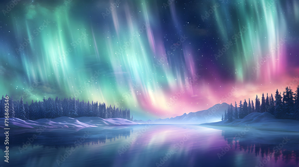 pastel colors background.northern lights with river and pine trees