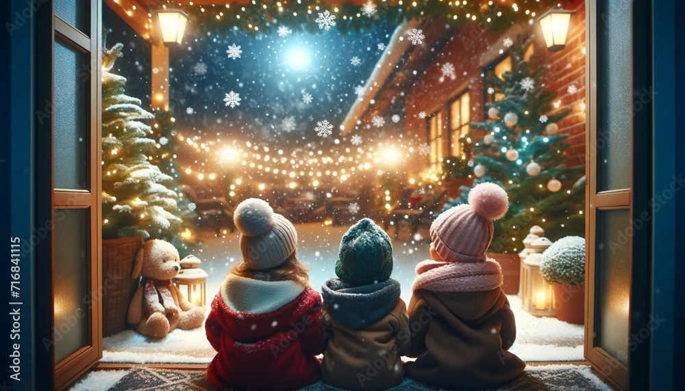 cute kids watching the snow flakes falling on the patio at magical chrismas night, cozy winter holidays cute kids watching the snow flakes falling on the patio at magical chrismas night, cozy winter holidays