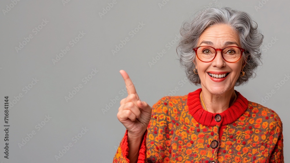 Middle aged woman pointing finger at empty space for editing isolated on light background Middle aged woman pointing finger at empty space for editing isolated on light background