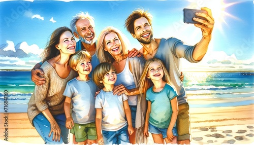 A multigenerational family takes a selfie on the beach.