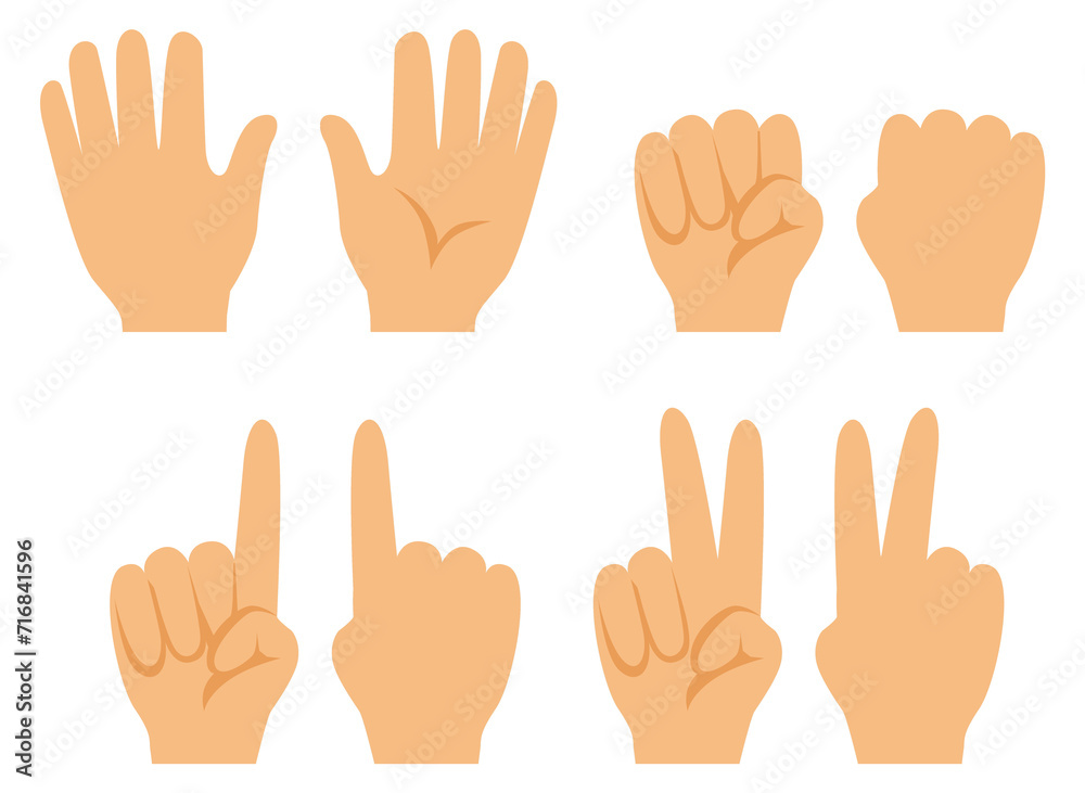 Fingers gestures set. Human hand front and back view Fingers gestures set. Human hand front and back view