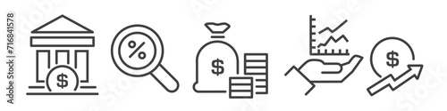 Set of stock exchange and share price line icons on white background