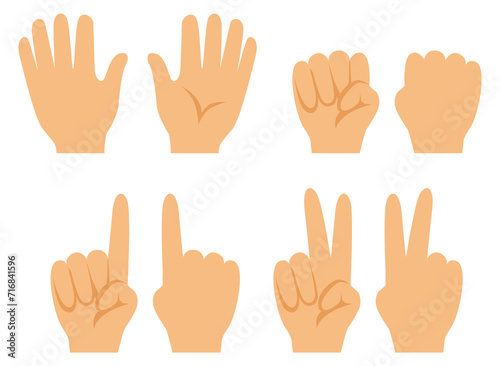 Fingers gestures set. Human hand front and back view