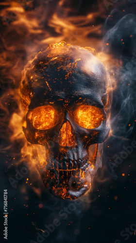 burning skull in fire, halloween theme, darkness © Caligas