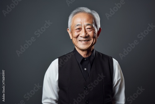Portrait of a cheerful asian elderly man in his 90s dressed in a polished vest against a minimalist or empty room background. AI Generation