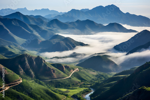Aerial view of bright foggy...