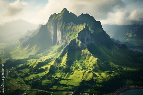 Aerial view of bright foggy...