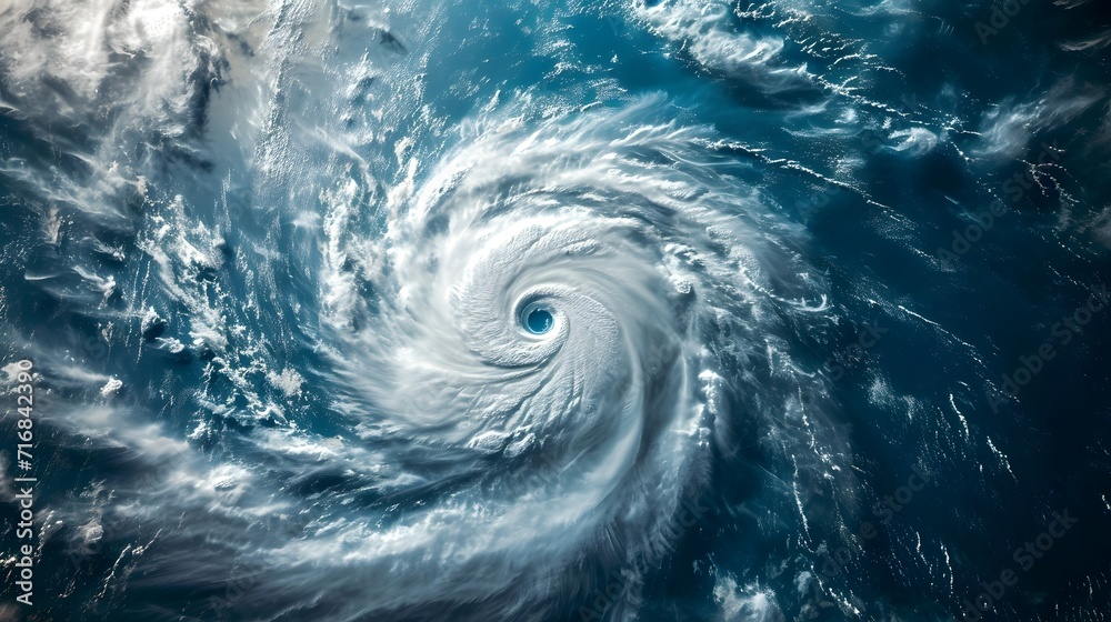 a satellite image of a hurricane in the ocean with a blue sky background and a white swirl in the center