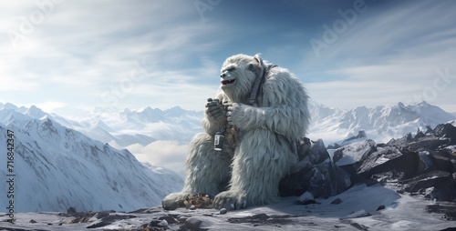 Polar bear sitting on a rock in the mountains. 3d rendering,White mummy on the background of snowy mountains. 3d rendering.