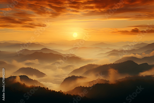 Aerial view of bright foggy...