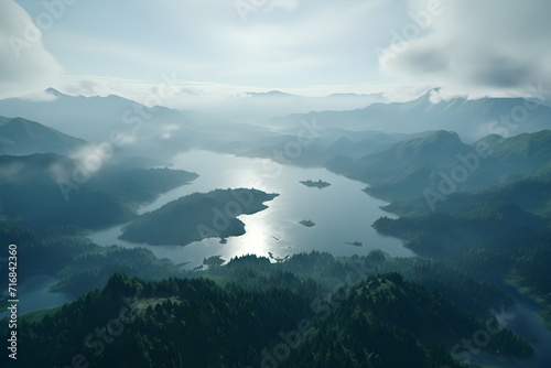Aerial view of bright foggy...