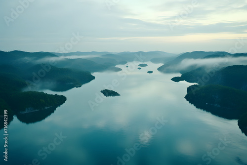 Aerial view of bright foggy...